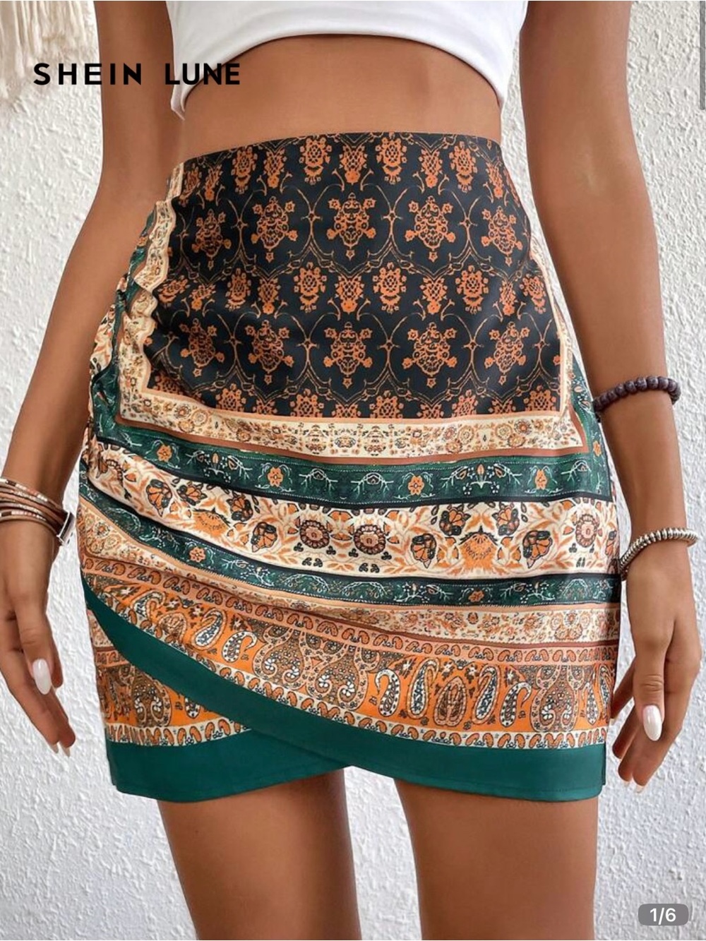 SHEIN Green & Orange Paisley Wrap Mini Skirt